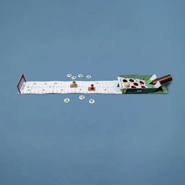 One Two Play Snow Race compact travel board game for kids with a snowy course, two player pieces, and game tokens.