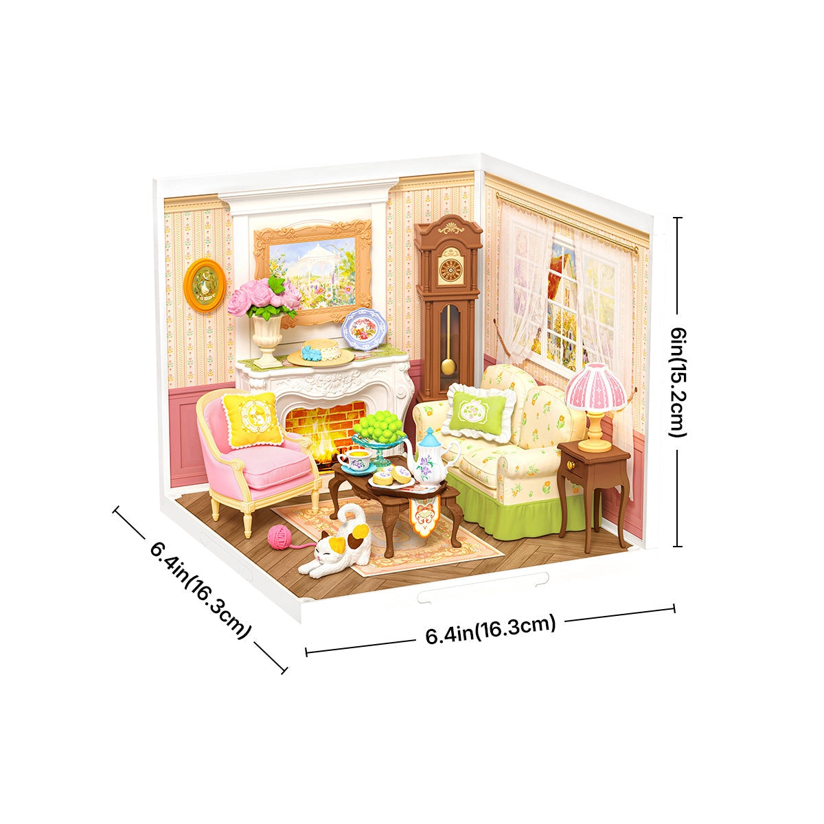 Miniature living room set with furniture and decorations, including a sofa, armchair, and coffee table, with dimensions displayed.