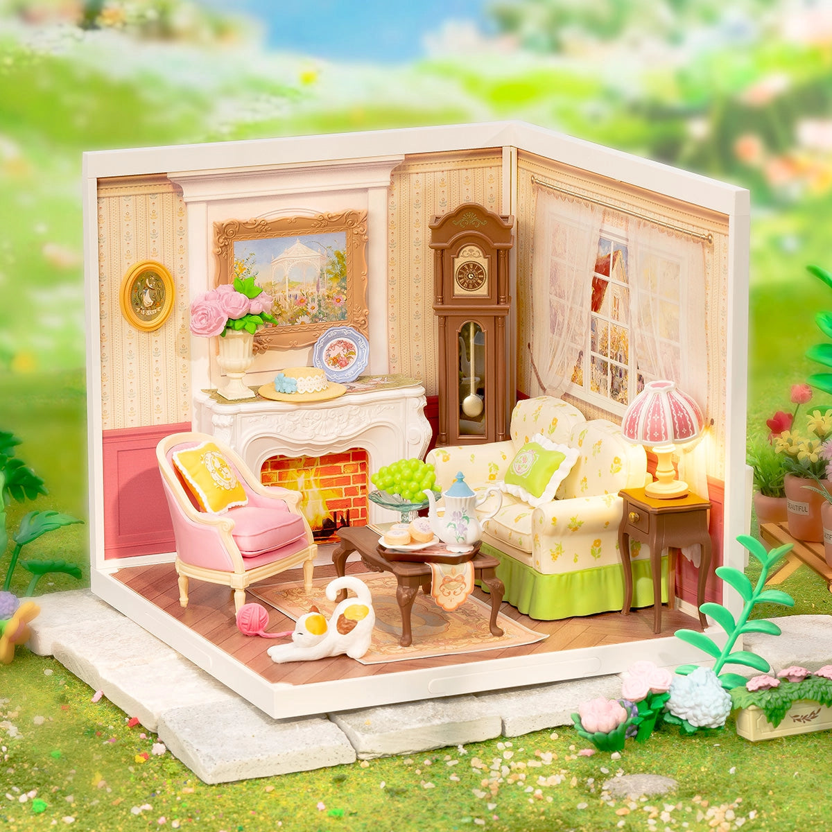 Miniature dollhouse living room set in a garden