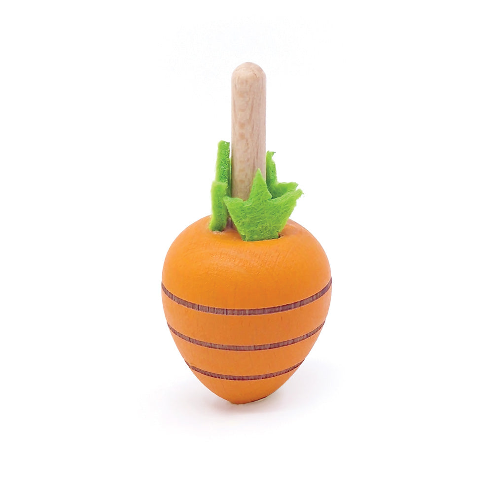 Carrot-shaped toy with a wooden handle on a white background
