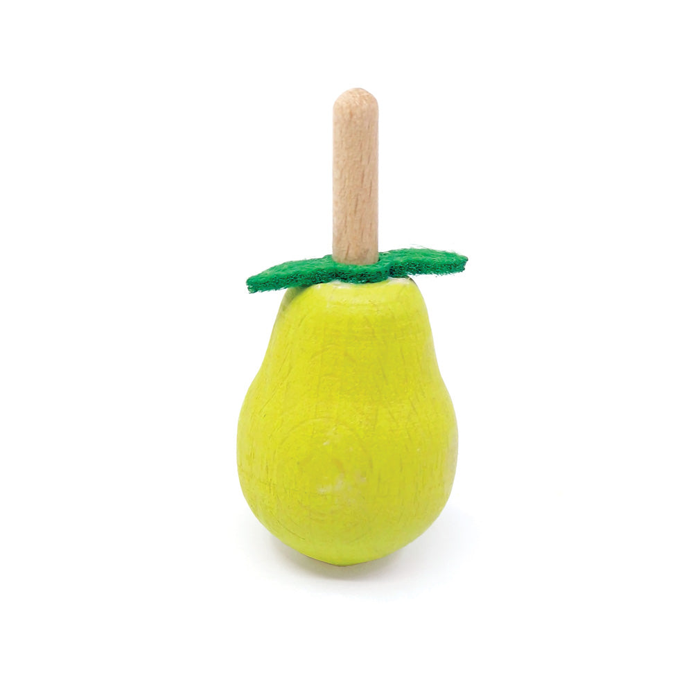 Toy pear with a wooden stick on a white background