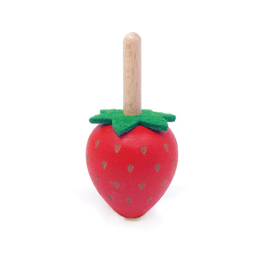 Wooden strawberry toy with a handle on a white background