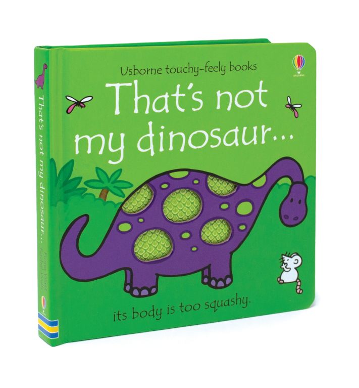 Book titled 'That's not my dinosaur' with a purple dinosaur illustration on a green background