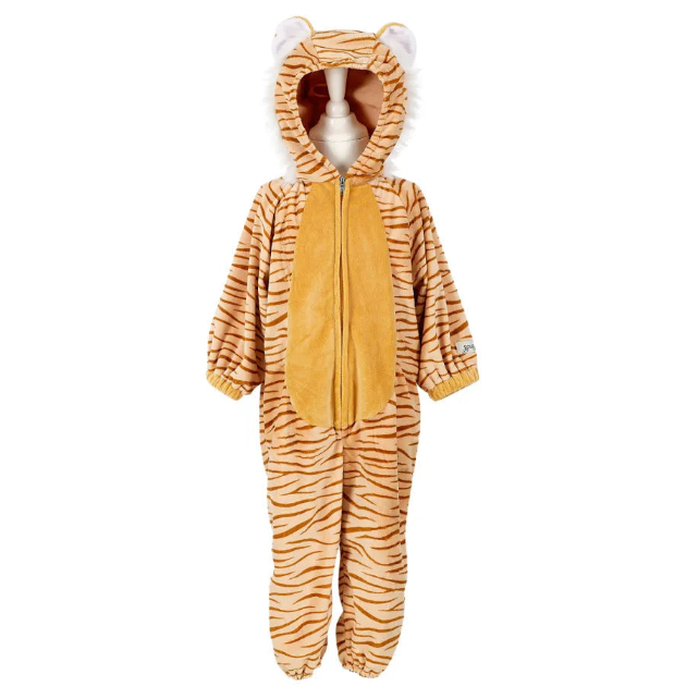 A toddler tiger costume jumpsuit displayed on a mannequin against a white background. The costume features orange and brown tiger stripes, a solid golden-yellow front panel, and a hood with white faux-fur trim and ear details.