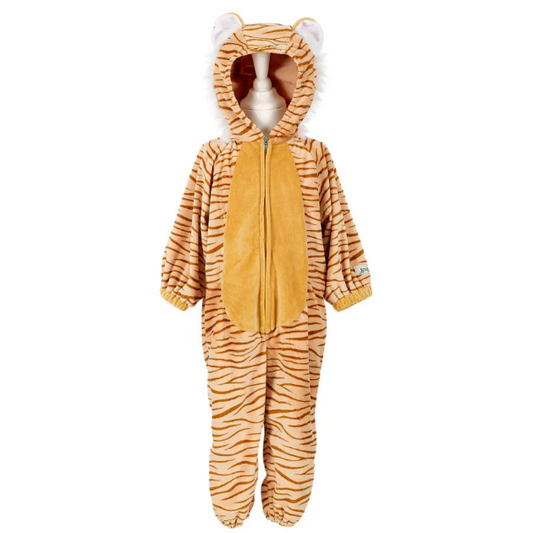 A toddler tiger costume jumpsuit displayed on a mannequin against a white background. The costume features orange and brown tiger stripes, a solid golden-yellow front panel, and a hood with white faux-fur trim and ear details.