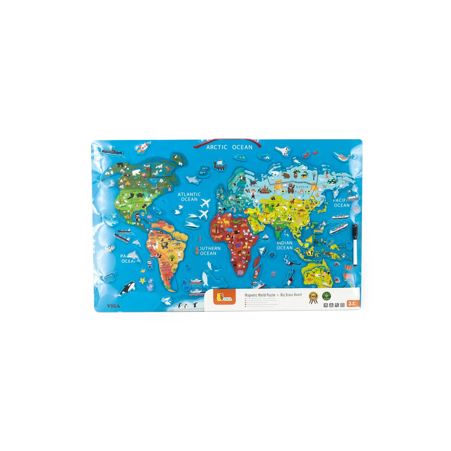 Magnetic World Puzzle 3+ With Dry Erase Board 72x46cm, Viga Toys