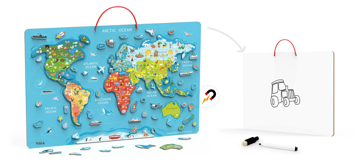 Magnetic World Puzzle 3+ With Dry Erase Board 72x46cm, Viga Toys