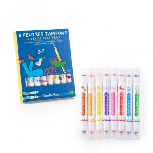 8 stamp felt pens 2-in-1 Les Loufoques, Moulin Roty