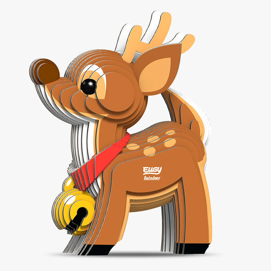 A 3D puzzle model of a reindeer with a red scarf, brown body, and white antlers, bearing the brand name EUGY.