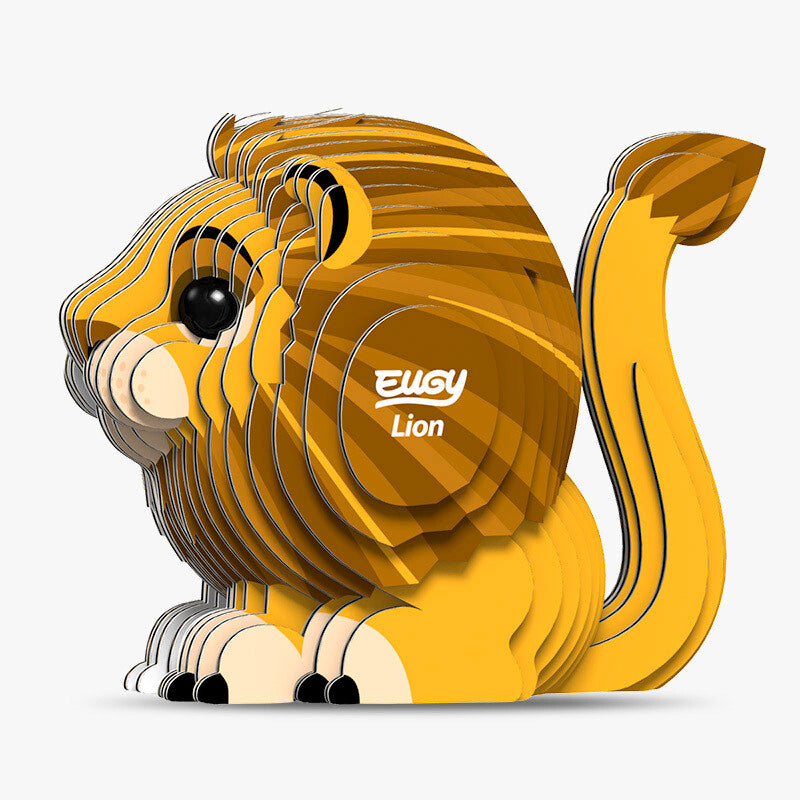 A 3D puzzle model of a yellow lion with a mane and tail, sitting in a majestic pose. The brand 'EUGY' is visible on the model.