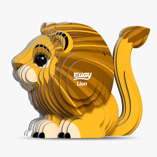 A 3D puzzle model of a yellow lion with a mane and tail, sitting in a majestic pose. The brand 'EUGY' is visible on the model.