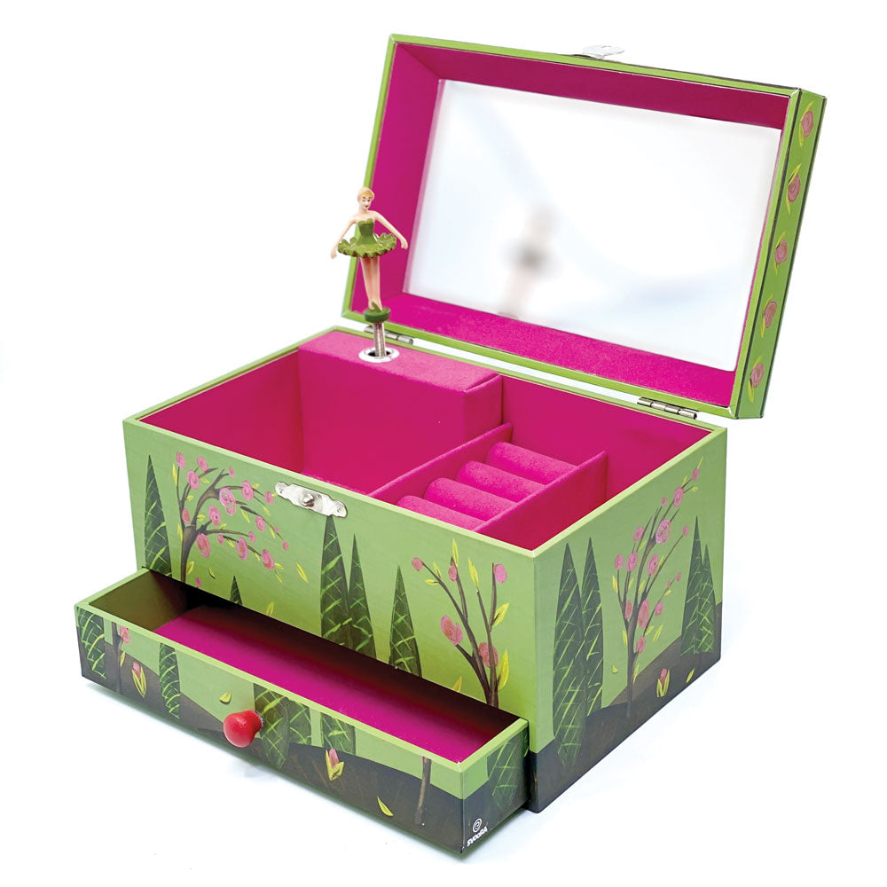 Svoora Musical Jewelry Box 'Ethereal' with Ring Holder, Drawer & Wide Mirror 'Forest Dance'
