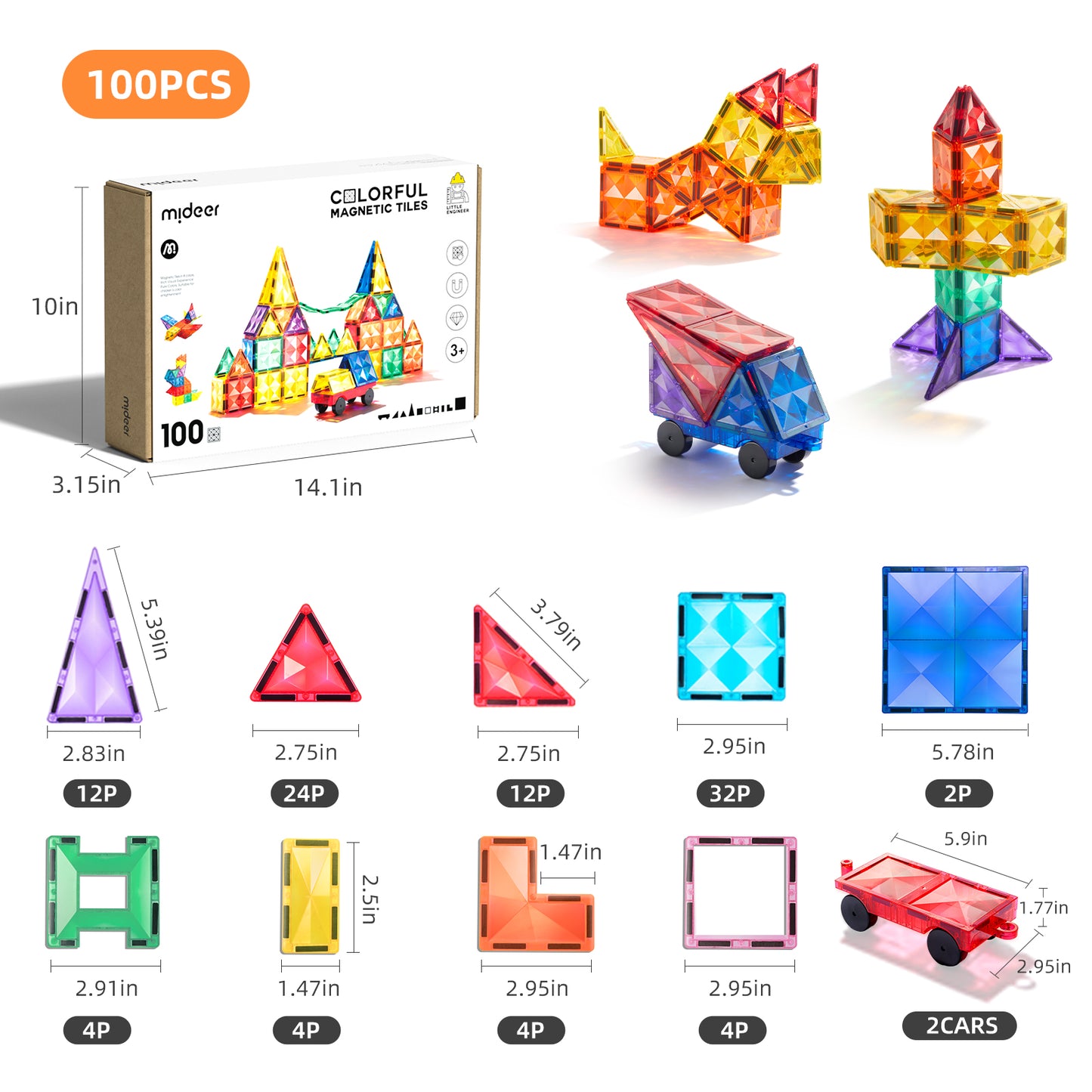 Colorful Magnetic Tiles 100pcs, Mideer